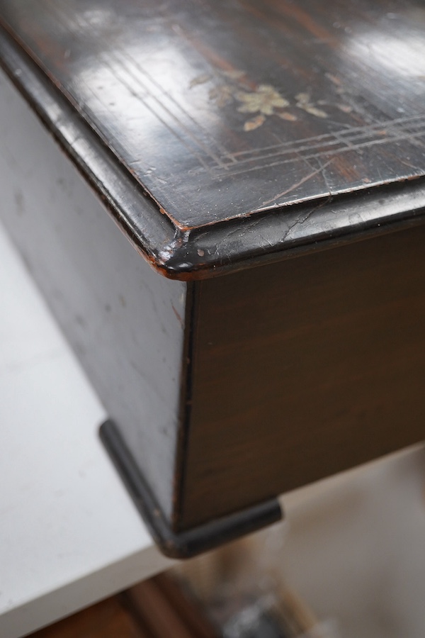 A Swiss music box for restoration (a.f.), fifty three tooth comb (three teeth missing), cylinder 33cm, in a simulated rosewood and ebony case, 66cm wide, 26cm deep, 15cm high. Condition - poor.